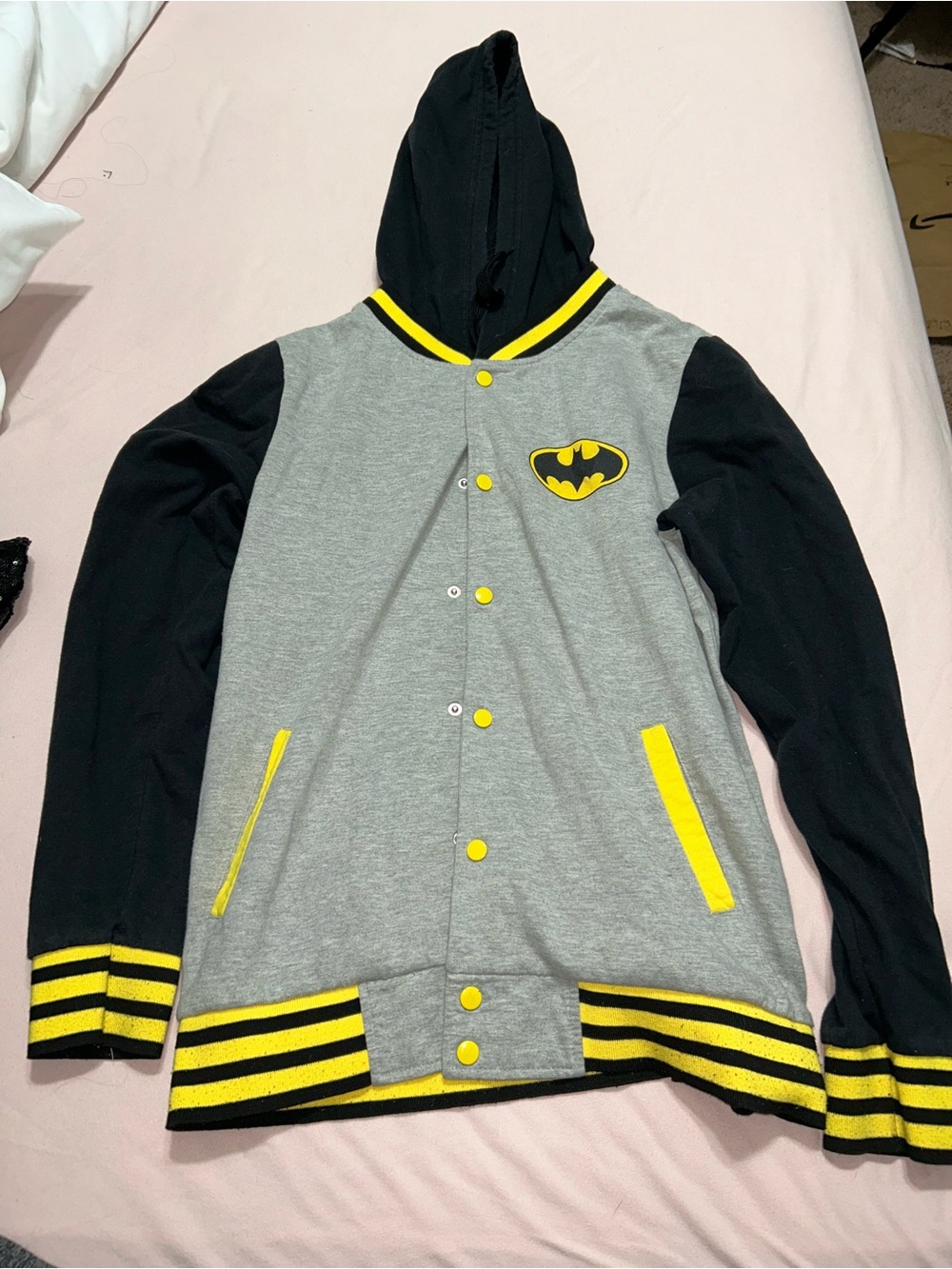 Men's Grey & Black Batman Varsity Hoodie with Yellow Trim